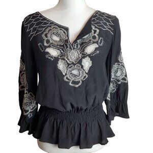 Vintage Cache Blouse Womens Small Silk Black Silver Embroidery Peplum 3/4 Sleeve
